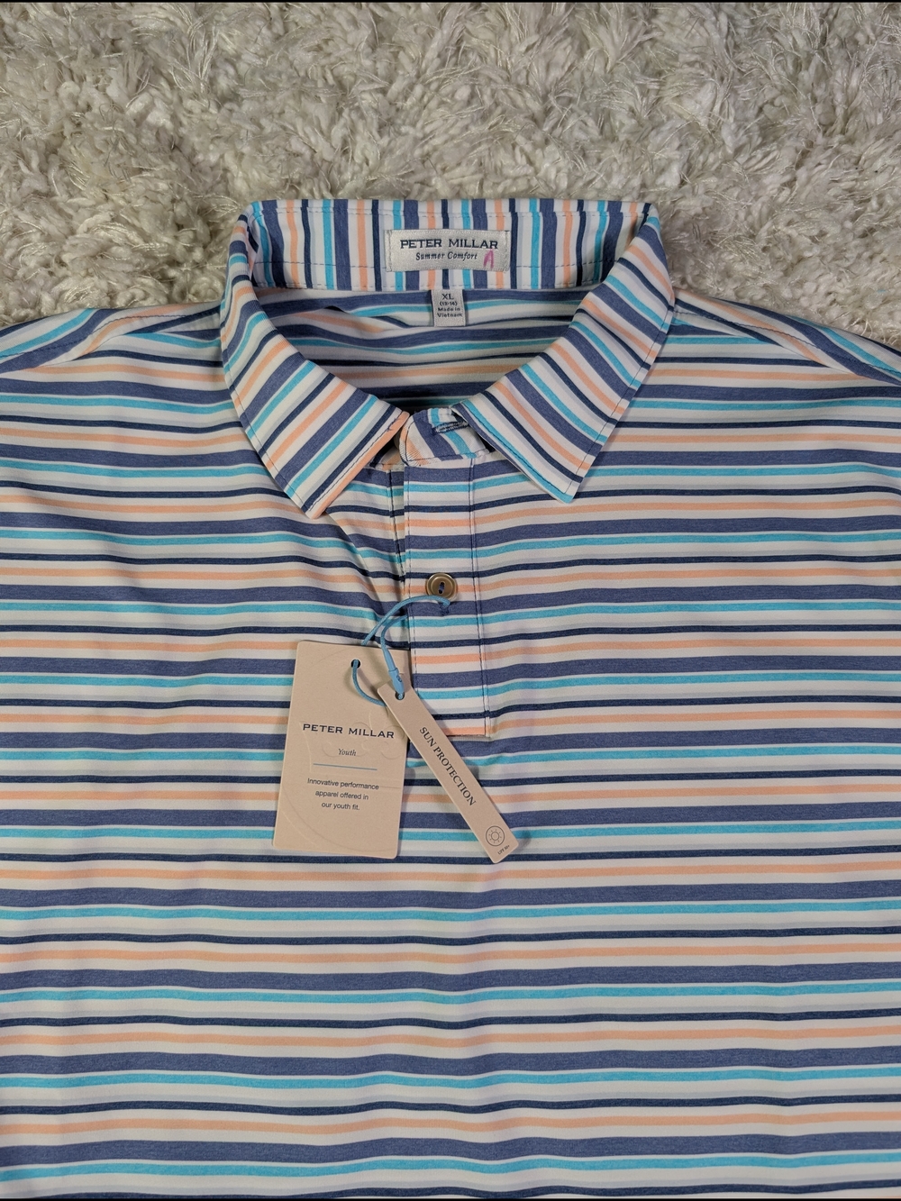 Peter Millar Striped Short Sleeve Polo in Blue, Peach & Cream